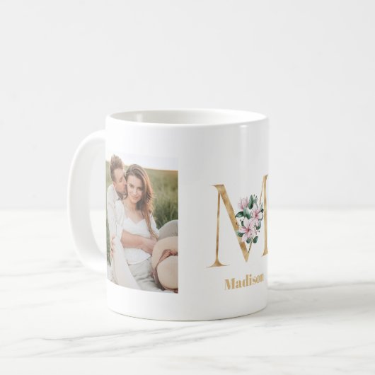 Mug Lettre d'or moderne M Flower | Deux monogrammes ph (Devant gauche)