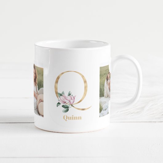 Mug Lettre d'or moderne Q Fleur | Deux monogrammes pho