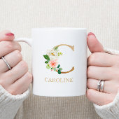 Mug Lettre d'or Monogramme C | Vert rose floral