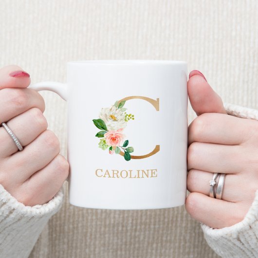 Mug Lettre d'or Monogramme C | Vert rose floral