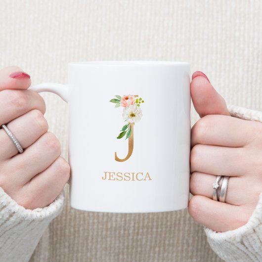 Mug Lettre d'or Monogramme J | Vert rose floral
