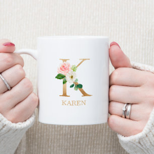 Mug Lettre d'or monogramme K   Vert rose floral