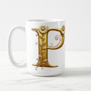 Mug Lettre dorée élégante P avec embellissements flora