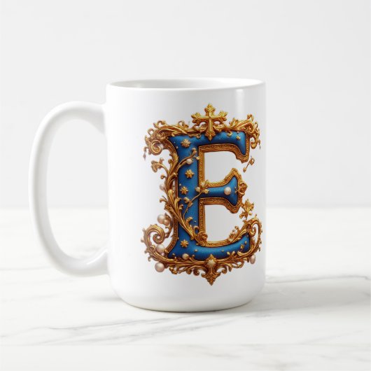 Mug Lettre E bleue ornée (Gauche)