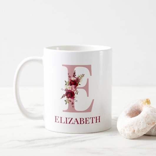 Mug Lettre E Bourgogne Blush Floral (Avec donut)