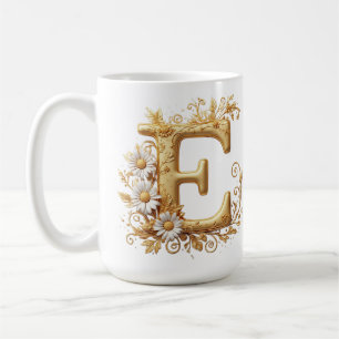 Mug Lettre E dorée élégante avec motif floral