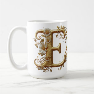 Mug Lettre E dorée élégante avec motif floral
