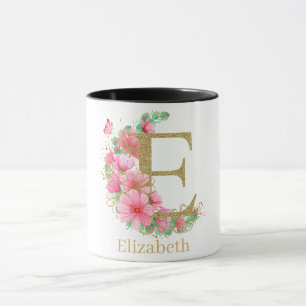 Mug Lettre E Monogramme Floral et Or Aquarelle