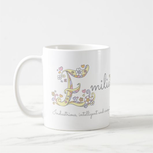 Mug Lettre Emilia E nom signifiant muqueuse monogramme (Gauche)