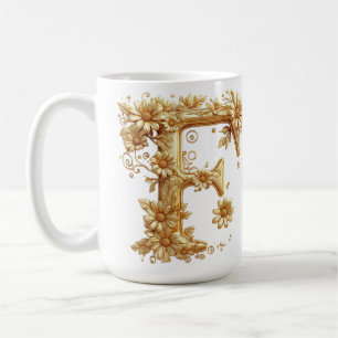 Mug Lettre F dorée élégante avec embellissements flora