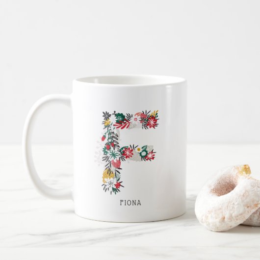 Mug Lettre F | LETTRE FLEURIE Whimsical Monogramme I M (Avec donut)