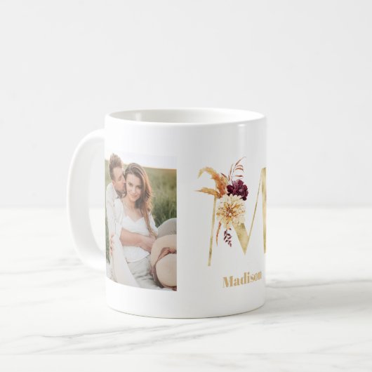 Mug LETTRE FLEUR D'OR MOYENNE M | Deux monogrammes pho (Devant gauche)