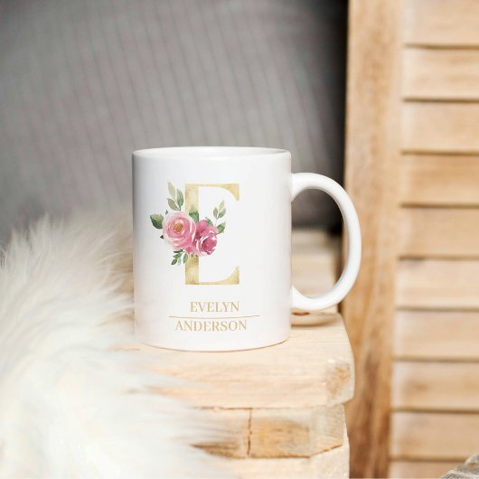Mug LETTRE FLEURIE D'Aquarelle Or Tendance E | Monogra