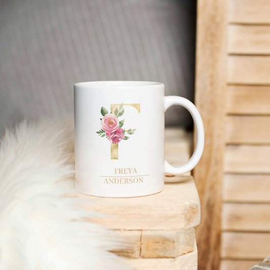 Mug LETTRE FLEURIE D'Aquarelle Or tendance F | Monogra
