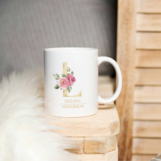 Mug LETTRE FLEURIE D'Aquarelle Or tendance L | Monogra
