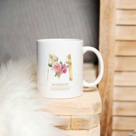 Mug LETTRE FLEURIE D'Aquarelle Or tendance M | Monogra
