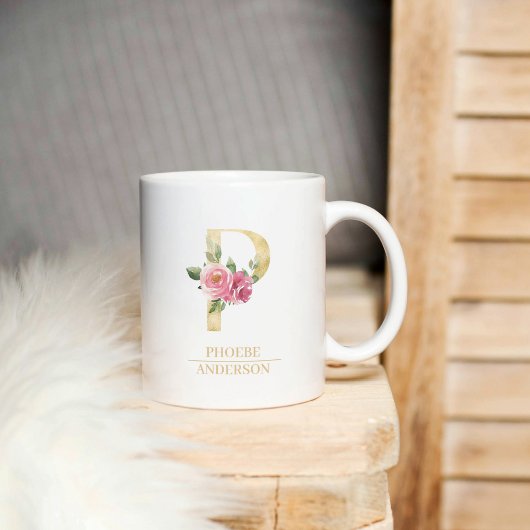 Mug LETTRE FLEURIE D'Aquarelle Or Tendance P | Monogra