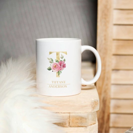 Mug LETTRE FLEURIE D'Aquarelle Or Tendance T | Monogra