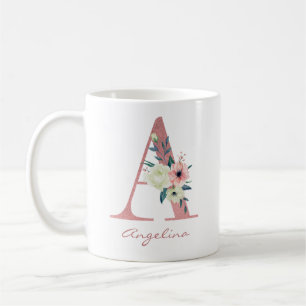 Mug Lettre Florale Élégante A Bouquet Rose et Ivoire