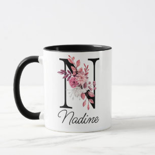Mug LETTRE Florale Mauve Rose Dusté N MONogramme Initi