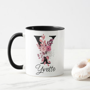 Mug LETTRE Florale Mauve Rose Dusté Y MONogramme Initi