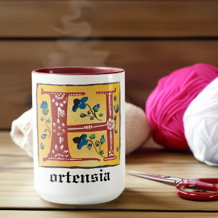 Mug Lettre Florale médiévale illuminée H Monogramme Mu
