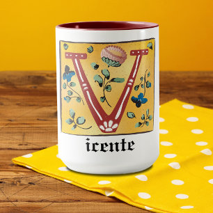 Mug Lettre Florale médiévale illuminée V Monogramme Mu