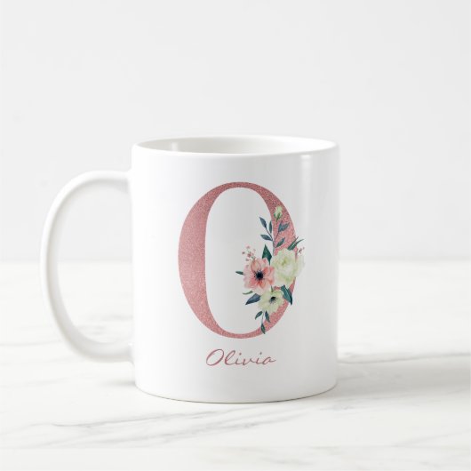 Mug LETTRE Florale O INITIALE - Bouquet rose et ivoire (Gauche)