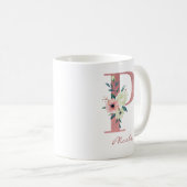 Mug LETTRE Florale P INITIALE - Bouquet rose et ivoire (Devant droit)