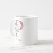 Mug LETTRE Florale P INITIALE - Bouquet rose et ivoire (Devant gauche)