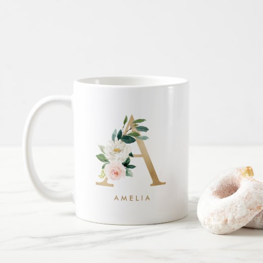 Mug Lettre Florale Pastel Peony A Gold Foil Monogramme (Avec donut)