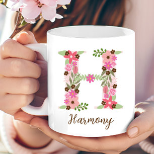Mug Lettre florale personnalisée Monogramme H Fleur ro