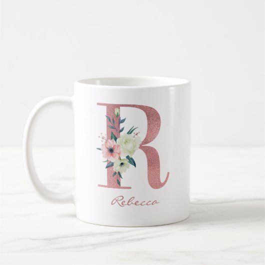 Mug LETTRE Florale R INITIALE - Bouquet rose et ivoire (Gauche)