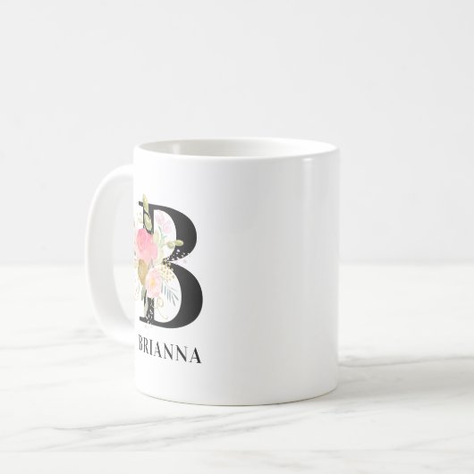 Mug Lettre florale rose et or Monogramme (Devant gauche)
