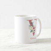 Mug Lettre Florale V Initial - Bouquet rose et ivoire (Devant droit)