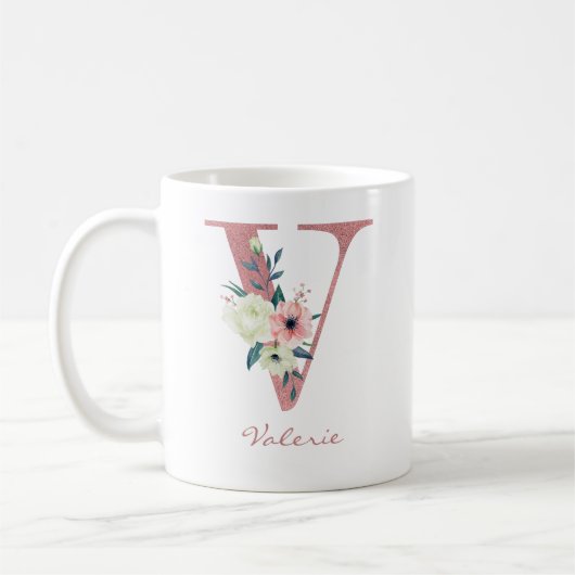 Mug Lettre Florale V Initial - Bouquet rose et ivoire (Gauche)