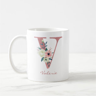 Mug Lettre florale V initiale - Bouquet rose et ivoire