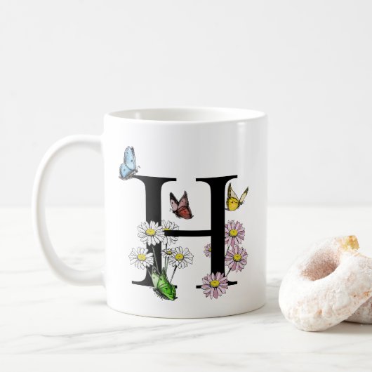 Mug LETTRE H Aquarelle Botanique Papillon monogramme (Avec donut)