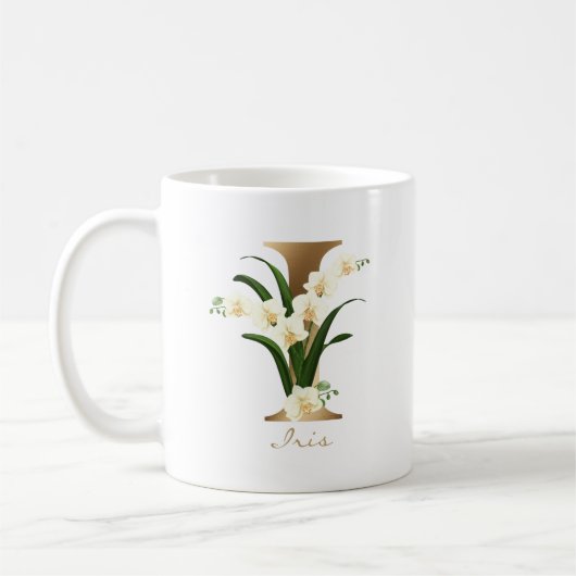 Mug Lettre I Monogramme d'or | Orchidées florales blan (Gauche)