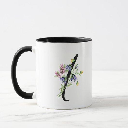 Mug Lettre " I " Monogramme noir Script Floral (Gauche)