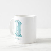 Mug Lettre I Monogramme Turquoise Nom moderne (Devant gauche)