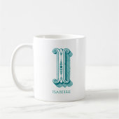 Mug Lettre I Monogramme Turquoise Nom moderne (Gauche)