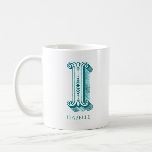 Mug Lettre I Monogramme Turquoise Nom moderne (Gauche)