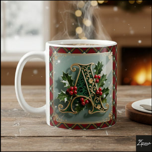 Mug Lettre initiale A de Noël en or élégant au houx