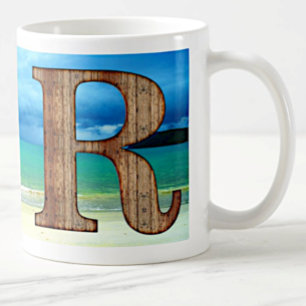 Mug Lettre initiale en bois R Beach Ocean Scene