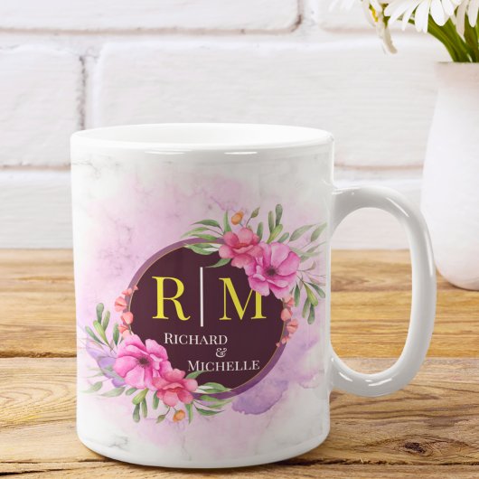 Mug Lettre initiale florale de couronne Monogramme Nom
