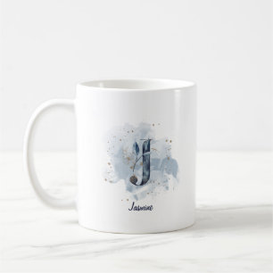 Mug Lettre initiale J personnalisée aquarelle bleue