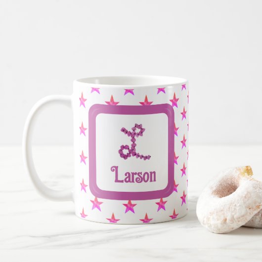 Mug LETTRE INITIALE L ÉTOILES Fleur rose Monogramme (Avec donut)