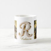 Mug Lettre initiale luxe cursive or blanc R + 2 PHOTO (Centre)