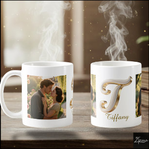 Mug Lettre initiale luxe cursive or blanc T+ 2 PHOTO